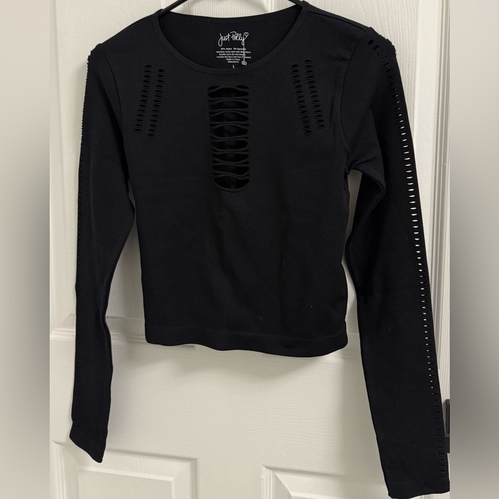 Just Polly Women's Black Cutout Long Sleeve Top
